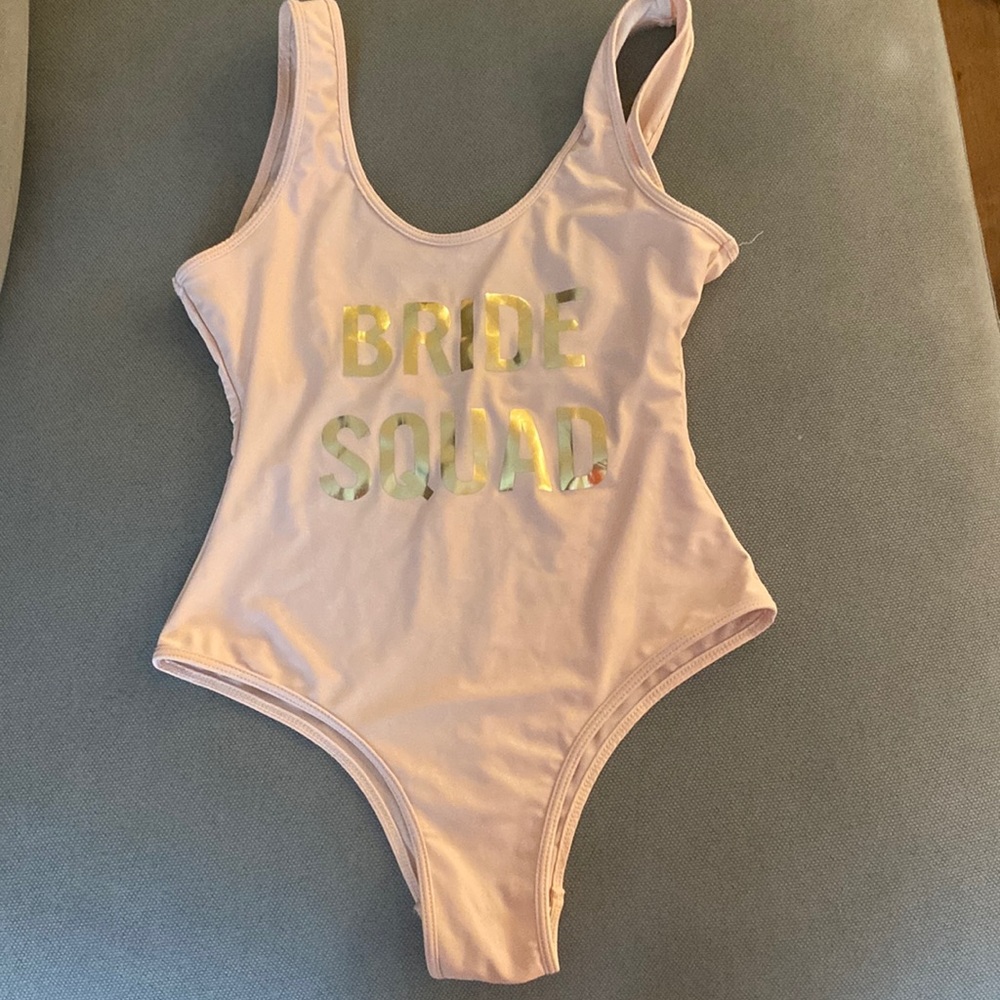 Bride Squad pink swimsuit